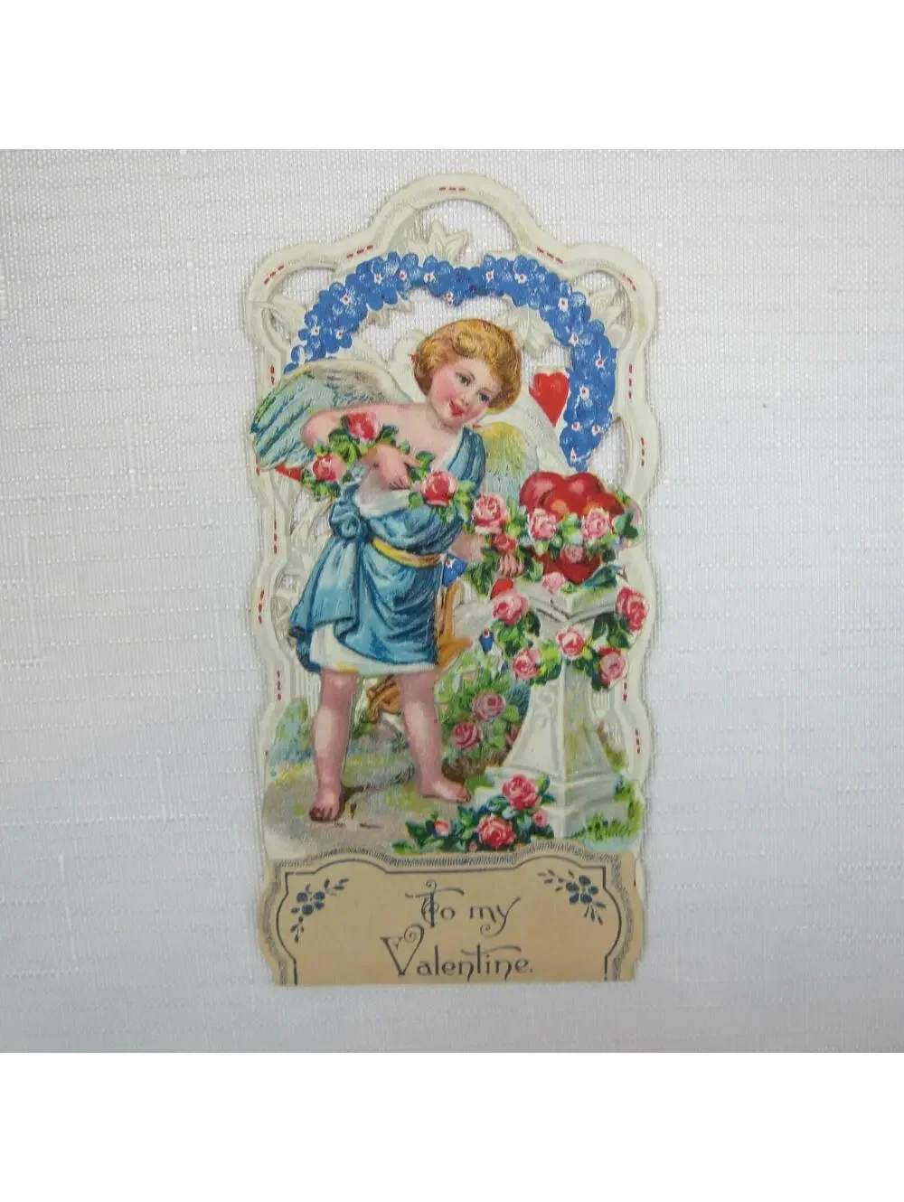 Vintage Valentine 1929 Pull Down Die Cut Stand Up Angel Flowers Doves Germany